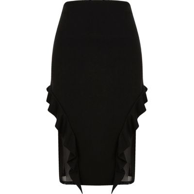 Black frill and mesh midi pencil skirt